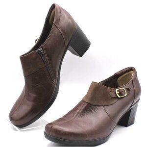 Clarks Bendables Brown Leather Comfort Shoes Heels Womens 9.5 Side Zip Buckle